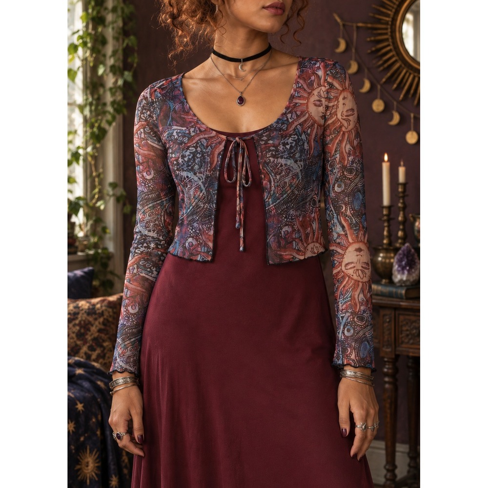 Sheer Mesh Celestial Sun Print Crop Cardigan S Whimsigoth Fairy Grunge Y2K Romwe